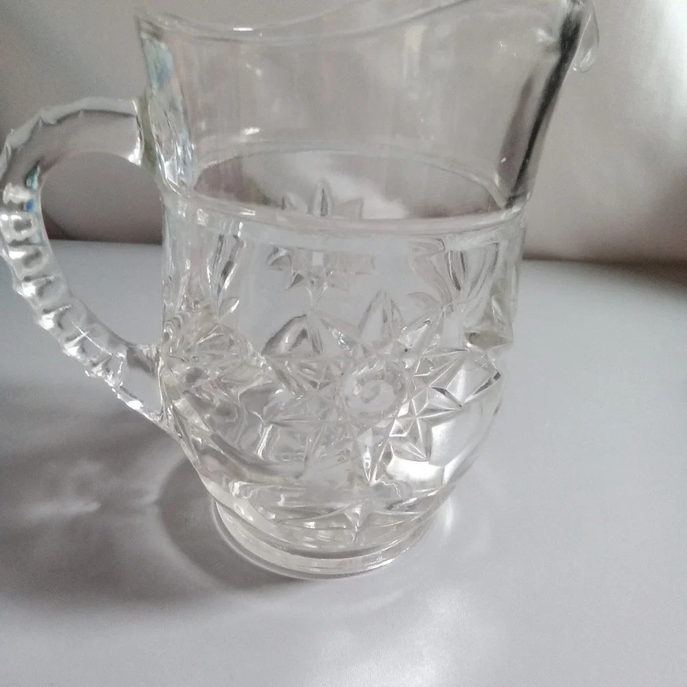 Vintage Clear Pressed Glass Starburst Small Pitcher Creamer with Notched Handle